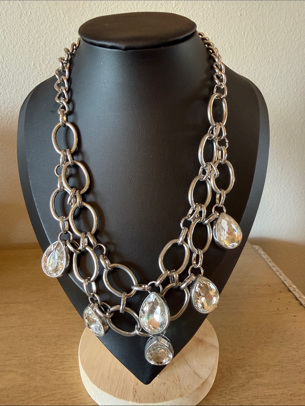 Silver Multi-Link Necklace with Clear Teardrop Crystals